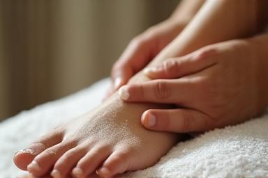 Detailed shot focusing on the process of a relaxing pedicure. Shows warm water, exfoliating scrub, and a technician gently working on a client's foot.